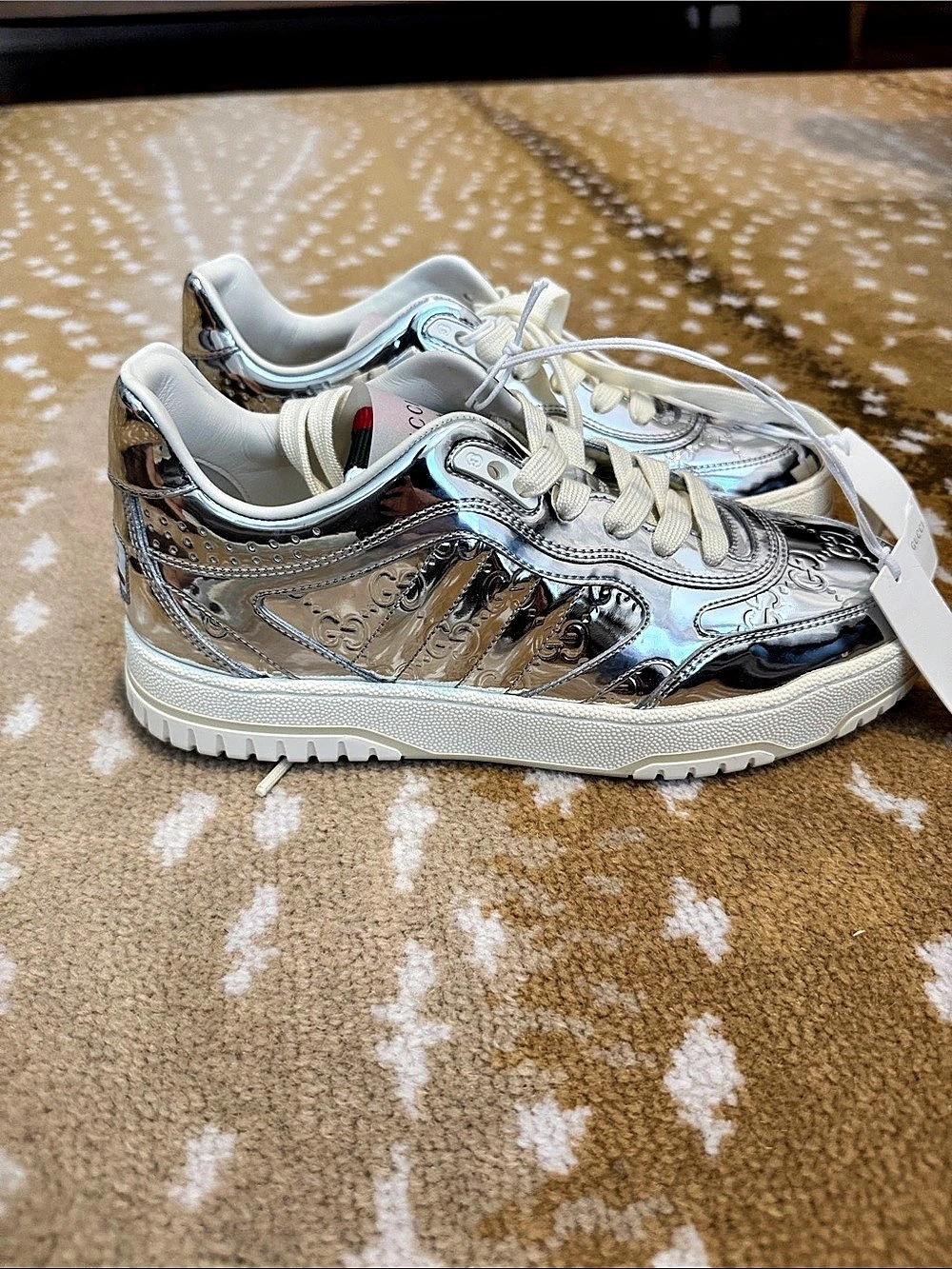 Gucci Re-Web Sneakers Silver Metallic & White Shoes NWT